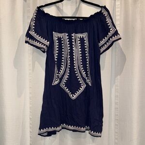 Navy & White Off-Shoulder Short Dress One Size